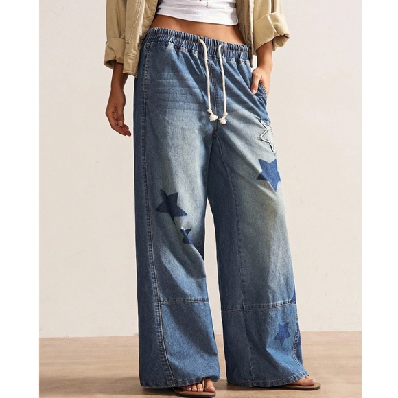 Western Star Print Patch Stretchy Waist Wide leg Denim Jean Pants - Picture 6 of 9